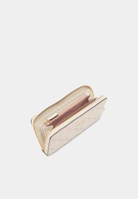 Beige leather wallet with a textured exterior, gold zipper, and pink interior compartment. Features multiple card slots and a secure zip pocket.
