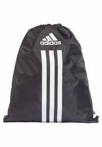 Bolsa de drawstring negra hecha de tela suave, con un logo en la parte superior y tres rayas verticales blancas en la parte frontal.