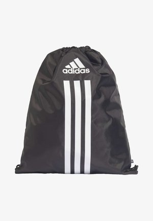 Bolsa de drawstring negra hecha de tela suave, con un logo en la parte superior y tres rayas verticales blancas en la parte frontal.