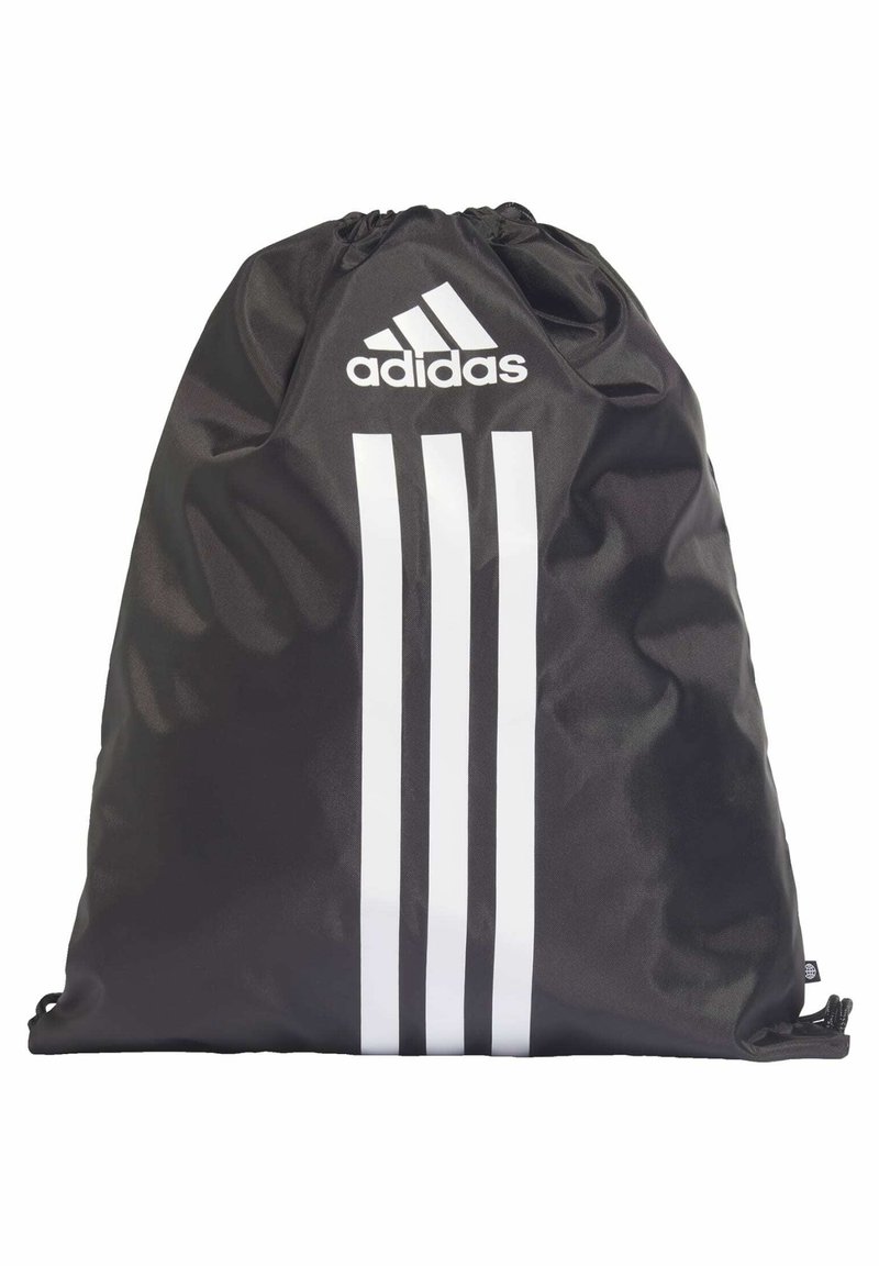 Bolsa de drawstring negra hecha de tela suave, con un logo en la parte superior y tres rayas verticales blancas en la parte frontal.