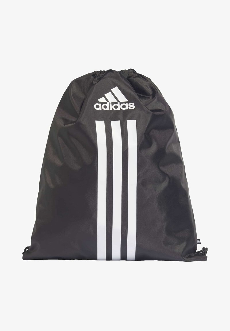 Bolsa de drawstring negra hecha de tela suave, con un logo en la parte superior y tres rayas verticales blancas en la parte frontal.