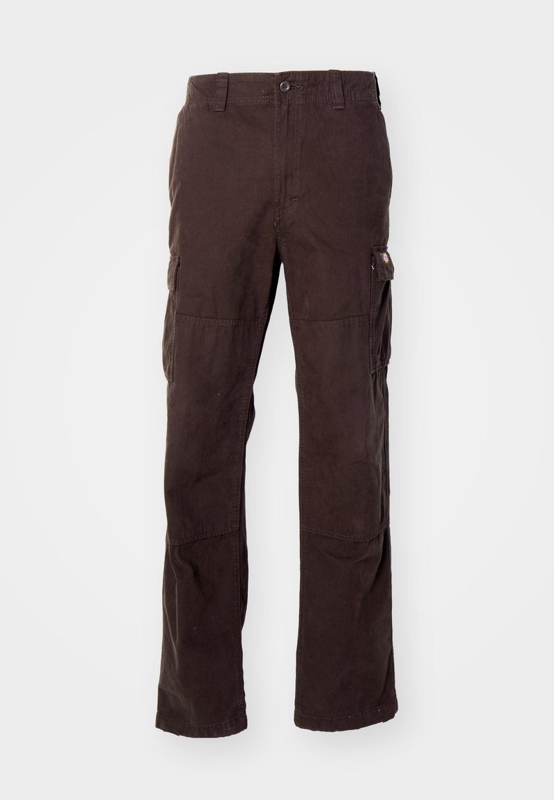 Pantalons cargo marron en tissu coton résistant, dotés de poches latérales, d'une coupe décontractée et de jambes droites avec des détails de couture visibles.