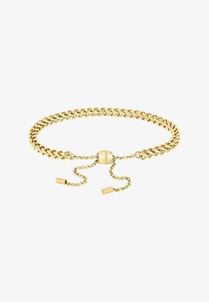 Bracelet chaîne ajustable ton or avec maillons tissés et un fermoir coulissant avec deux extrémités de chaîne pendantes.