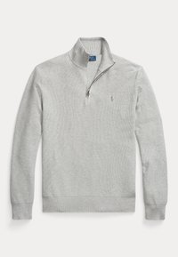 Sweat-shirt gris zippé avec un motif tricoté texturé, des poignets et un ourlet côtelés, et un petit logo brodé sur la poitrine.