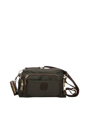 Borsa a tracolla rettangolare verde scuro con molte zip dorate, una piccola tasca attaccata e una tracolla regolabile.