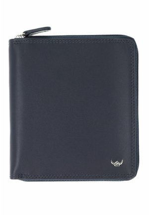 Portefeuille en cuir bleu marine avec fermeture éclair tout autour, bords cousus et petit emblème argenté du logo en bas à droite.