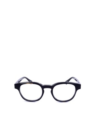 Occhiali rettangolari neri con montatura spessa e lenti trasparenti, posizionati frontalmente su uno sfondo bianco.