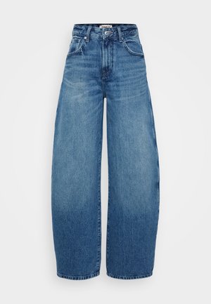 Wide-leg blue denim jeans with a high waist, featuring a light to dark wash gradient, front pockets, and a button closure.