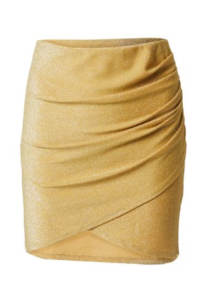 Gold, glitzernder Minirock mit Raffung. Weicher, dehnbarer Stoff; asymmetrischer Saum mit glatter Oberfläche.