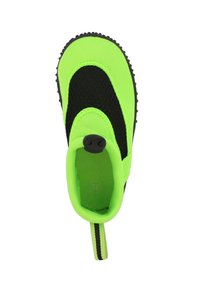 Neongrüner Aquaschuh mit schwarzen Mesh-Elementen, runder Zehenkappe, strukturiertem Gummisohle und einer Fersenschlaufe für einfaches Anziehen.