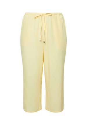 Pantaloni corti di colore giallo chiaro con vita elasticizzata e coulisse, vestibilità ampia e gambe dritte.