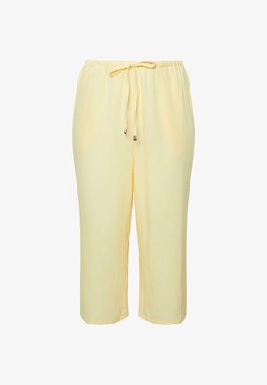 Pantaloni corti di colore giallo chiaro con vita elasticizzata e coulisse, vestibilità ampia e gambe dritte.