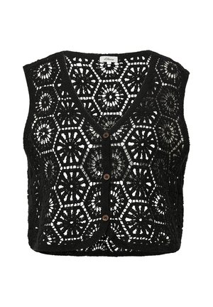 Zwarte crop top van haakwerk met een V-hals, voorzien van hexagonale bloemenpatronen en bruine knopen aan de voorkant. Lichtgewicht en textuurrijk.