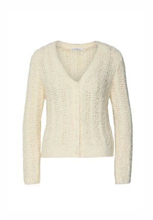 Krém színű kötött pulóver V-nyakkal, hosszú ujjakkal és textúrált mintával, mely nyitott öltéseket és gombos záródást tartalmaz.
