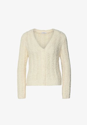 Cremefarbenes Strickpullover mit V-Ausschnitt, langen Ärmeln und einem strukturierten Muster mit offenen Maschen und Knopfverschluss.