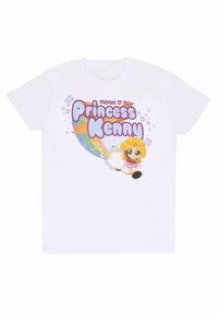 Bílý tričko s barevným karikaturou postavy jménem "Princezna Kenny" s duhovými a bublinkovými prvky.