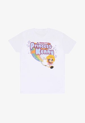 Weißes T-Shirt mit einem bunten Cartoon-Design einer Figur namens "Prinzessin Kenny" mit Regenbogen- und Blaseneffekten.