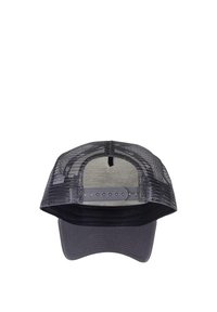 Schwarze Trucker-Kappe mit einem soliden Vorderteil, Netzrücken, verstellbarem Druckverschluss und gebogenem Schirm. Strukturierter Stoff mit einem stabilen Design.