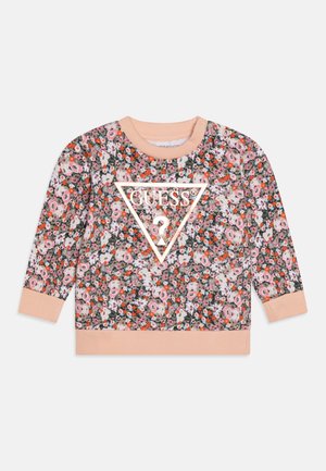Langærmet sweatshirt til småbørn med blomsterprint i pink, hvid og orange, ferskenfarvede ribkanter og central metallisk Guess-logo i trekantform.