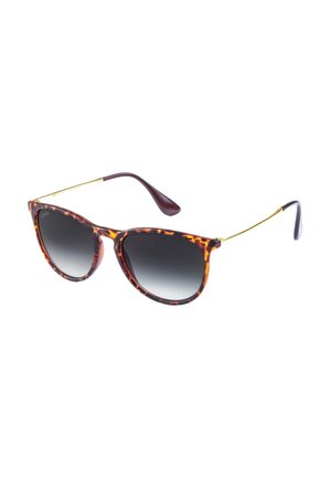 Lunettes de soleil écaille avec des verres dégradés, des accents en métal doré et des branches courbées de couleur violet foncé. Monture en plastique durable.
