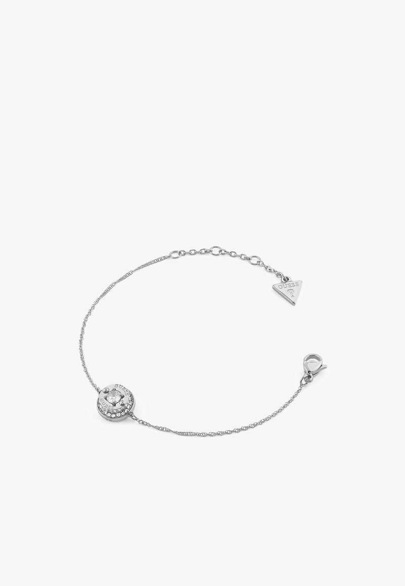 Zilveren armband met een ronde middenstuk met een helder edelsteen en omliggende accenten. Voorzien van een karabijnsluiting en een logootje.