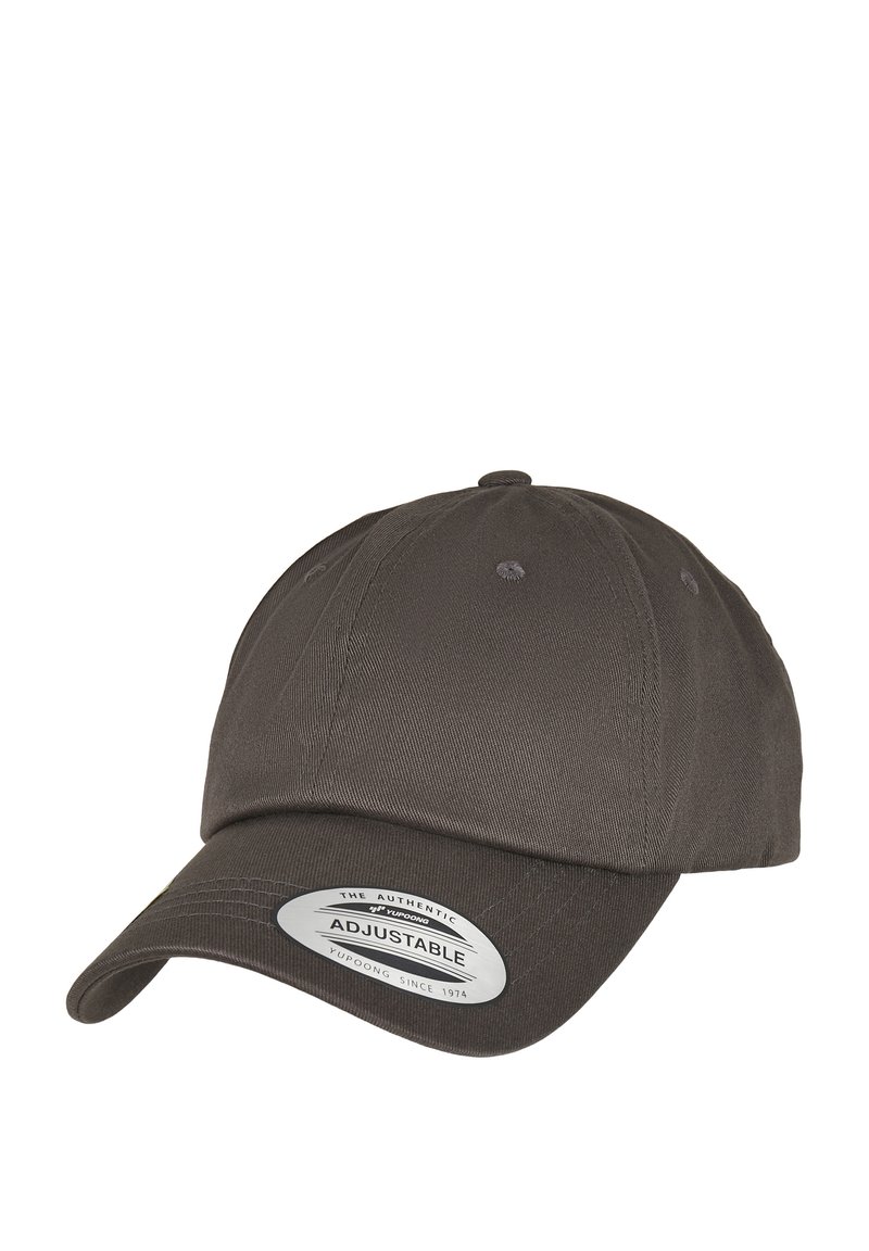 Dark gray baseball cap with a curved brim, adjustable strap, and textured fabric. Features a metallic tag stating "ADJUSTABLE."