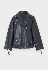 Μαύρο δερμάτινο μπουφάν biker με ασημένια φερμουάρ, κουμπιά με κούμπωμα, ασύμμετρο μπροστινό φερμουάρ, ζώνη στη μέση και φερμουάρ στα μανίκια.