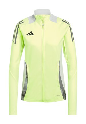 Felle gele sportjack met een ritssluiting aan de voorkant, grijze accenten, zwarte strepen op de schouders en mesh zijpanelen voor ventilatie.