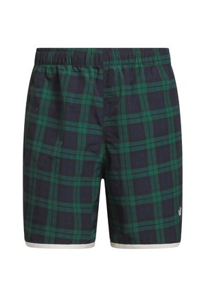 Heren korte broek in marineblauw en groen ruitenpatroon met een elastische tailleband en witte bies aan de zoom, voorzien van een klein wit logo op het linkerbeen.