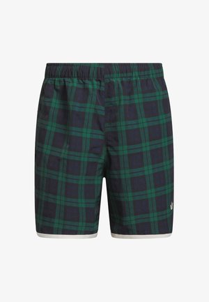 Men's navy and green plaid shorts with elastic waistband and white trim at the hem, featuring a small white logo on the left leg.