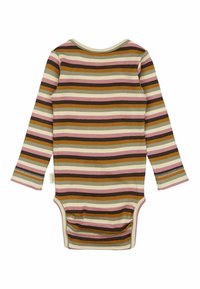 Bodysuit de manga larga en tejido acanalado con rayas horizontales en marrón, rosa, crema y verde. Cuello suave y cierre a presión en la parte inferior.