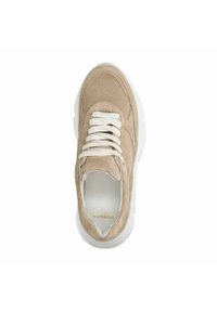 Beige suede sneaker with white laces and a thick white sole. Features smooth textures and a rounded shape with minimal stitching details.