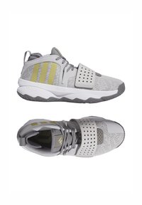 Scarpe da ginnastica grigie con accenti gialli, superiore in mesh testurizzato, cinturino perforato, suola imbottita e suola in gomma con motivo.