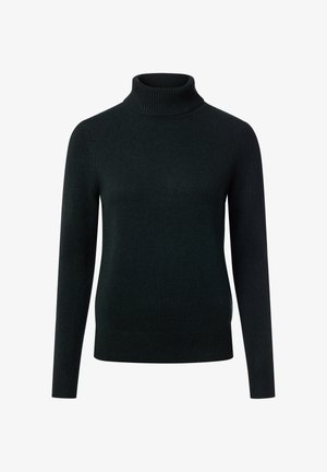 Dunkelgrüner Rollkragenpullover aus geripptem Strickstoff, mit langen Ärmeln und einer figurbetonten Silhouette, die eine weiche Textur aufweist.