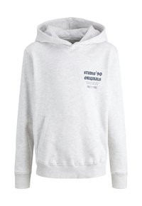 Gray hooded sweatshirt made of soft fabric with a front pocket. Features "STUDIO '90 ORIGINALS" text in navy blue on the left chest area.