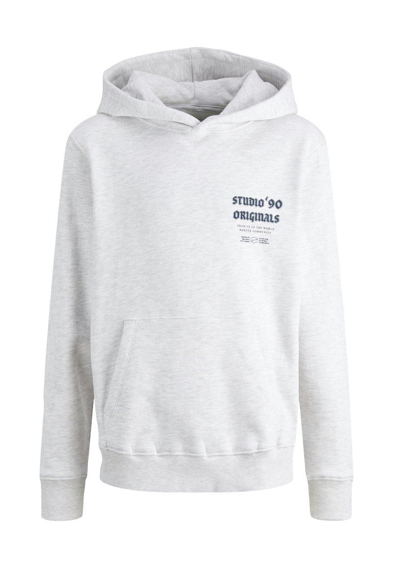Gray hooded sweatshirt made of soft fabric with a front pocket. Features "STUDIO '90 ORIGINALS" text in navy blue on the left chest area.