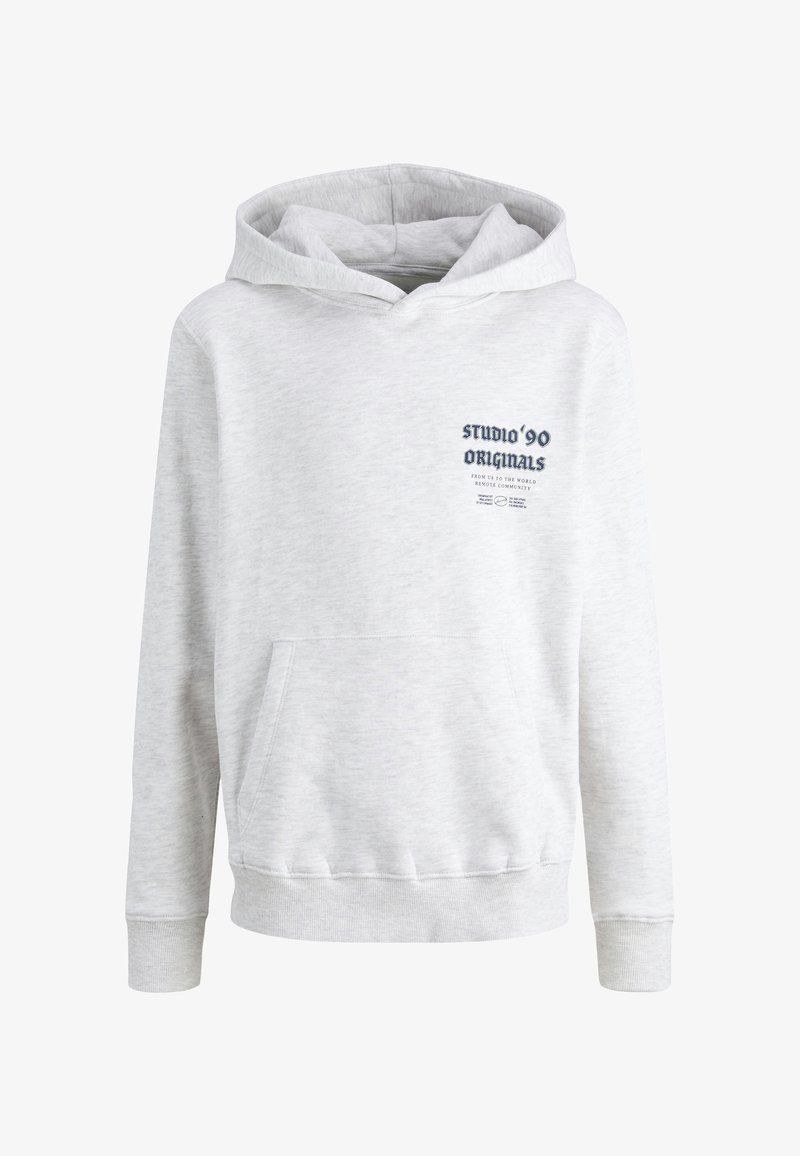 Gray hooded sweatshirt made of soft fabric with a front pocket. Features "STUDIO '90 ORIGINALS" text in navy blue on the left chest area.