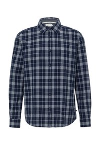 Marineblauw en witte geblokte blouse met lange mouwen en een button-down kraag, voorzien van een borstzak en een rechte zoom. Zacht stofgevoel.