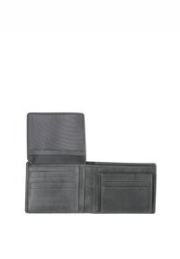 Schwarze Lederbrieftasche mit mehreren Kartenfächern, einer Seitenentasche, einem strukturierten Innenbereich und einer glatten äußeren Oberfläche.