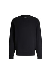 Czarna bluza z okrągłym dekoltem, długimi rękawami oraz ściągaczami na mankietach i dole. Gładka tekstura, minimalistyczny design, bez widocznych logo czy wzorów.