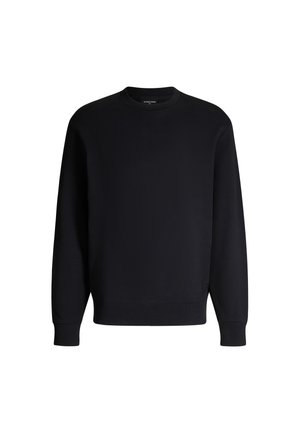 Zwarte sweatshirt met een ronde hals, lange mouwen en geribde boorden en zoom. Soepele textuur, minimalistisch ontwerp, geen zichtbare logo's of patronen.