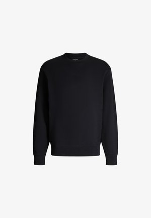 Zwarte sweatshirt met een ronde hals, lange mouwen en geribde boorden en zoom. Soepele textuur, minimalistisch ontwerp, geen zichtbare logo's of patronen.