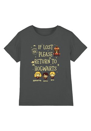 Dark gray T-shirt with cartoon Harry Potter characters and text "If lost please return to Hogwarts" with train and Platform 9 3/4 symbols.