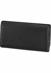 Črna usnjena denarnica z teksturirano površino, vitka zasnova in šivani robovi. Ima odprtino za gotovino in več rež za kartice.