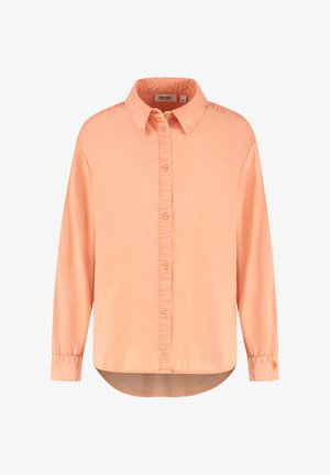 Persiku krāsas garā piedurkne krekls ar pogu aizdari priekšā, apkakles dekoltē un noapaļotiem apakšmalām. Materiāls izskatās gluds ar nedaudz spīdumu.