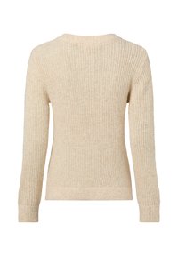 Beiger Strickpullover mit gerippter Struktur, langärmlig und mit rundem Ausschnitt, entworfen mit einer figurbetonten Silhouette.