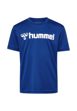 Blauw T-shirt met korte mouwen van synthetische stof, met een witte "hummel"-logo op de voorkant. Ronde halslijn, gladde textuur.