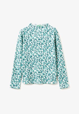 Camicia a maniche lunghe di un azzurro chiaro con un motivo a stampa leopardo. Tessuto morbido e testurizzato con design a collo rotondo.