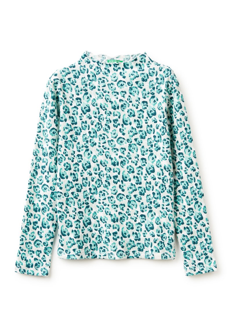 Langarmshirt in hellem Türkis mit Leopardenmuster. Weicher, strukturierter Stoff mit Rundhalsausschnitt.