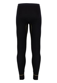 Black thermal leggings made of soft fabric, featuring a snug fit, elastic waistband, and gold accents at the ankle cuffs.